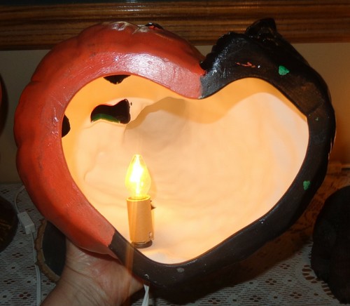 Rarität Vintage Keramik Halloween schwarze Katze Kürbis Jack-o-Laterne beleuchtete Figur - Bild 8 von 9
