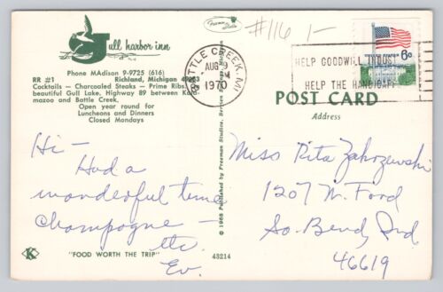 Gull harbor inn Richland Michigan Postcard - Picture 2 of 2