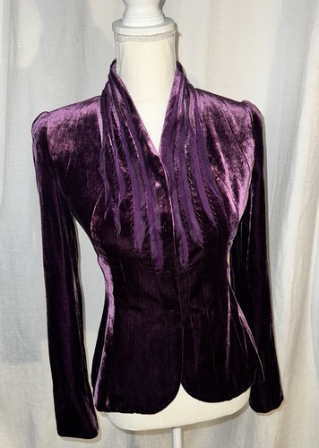 ELIE TAHARI Womens Purple Snap Button Ruffle Trim Velvet Blazer Jacket Sz 0 - Picture 1 of 16