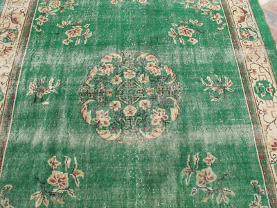 Large Green Rug, Handmade Oriental Carpet, Wool Turkish Rug