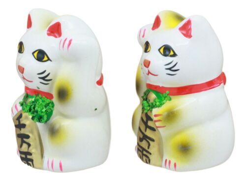 Japanese Right And Left Paws Beckoning Cat Maneki Neko Ceramic Figurine Set of 2 - Picture 4 of 8