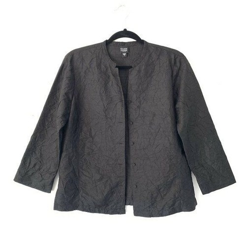 Eileen Fisher Size S Black Pressed Crinkle Textured Silk Kimono Jacket Blouse - Picture 2 of 5