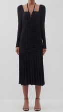 $583 Ganni Women's Black Ruched Stretch-Cloqué Midi Dress Size FR 40/US 8