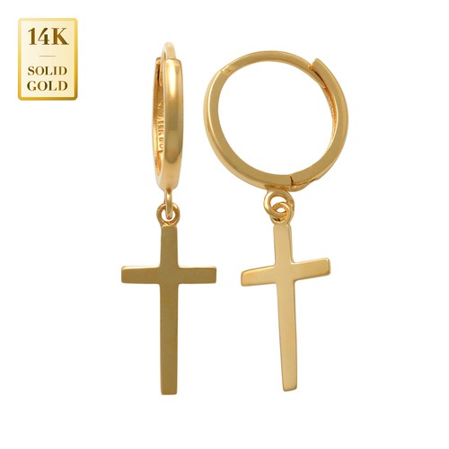 14K REAL Solid Gold Cross Huggie Hoop Earring Dangle Lobe Minimal Jewelry - Picture 2 of 12