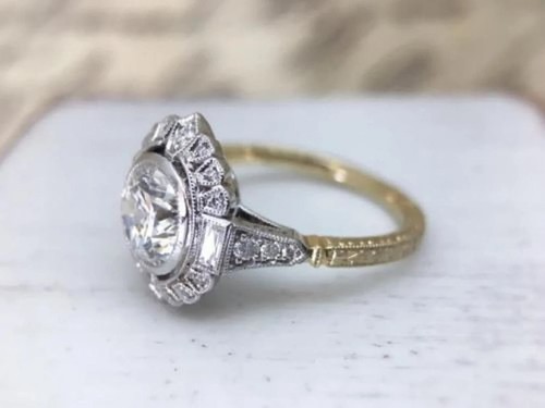 Real Moissanite 2Ct Round Cut Art Deco Engagement Ring 14K Two Tone Gold Finish - Picture 2 of 5