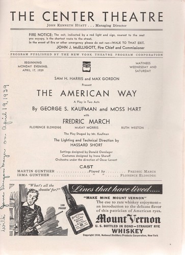 THE CENTER THEATRE NY 1939 PROGRAM FREDERIC MARCH IN "THE AMERICAN WAY" - Picture 3 of 3