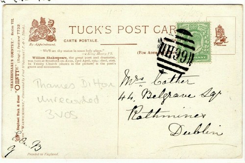 GB Surrey KEVII Card *H99* Thames Ditton Duplex Ireland Dublin c1905 MZ363 - Picture 2 of 6