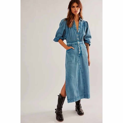 Free People Mad Love Denim Midi Dress Cotton Collared Long Sleeve XS NWD 278121