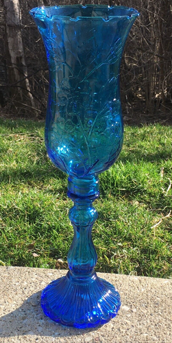 Vtg 60s Italy Empoli Glass Hurricane Chimney Blue Lamp Candle Holder 17.5" T - Picture 18 of 18