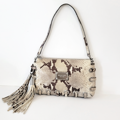 Michael Kors Beige Snakeskin Tasseled Shoulder Bag Astor Laced Grommets 10" W