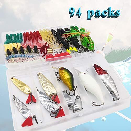 Juego de kit de señuelos de pesca, (94 piezas) señuelos de cuchara, gusanos de plástico blando, rana Topwater - Imagen 4 de 8