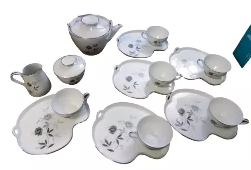Vtg Noritake 5791 Lot Set Bamboo Handle Teapot Creamer Sugar bowl 6 cups plates