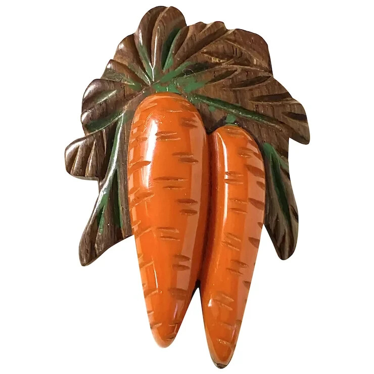 RARE 1930's Wood & Bakelite Figural Carrots Brooch - image 1