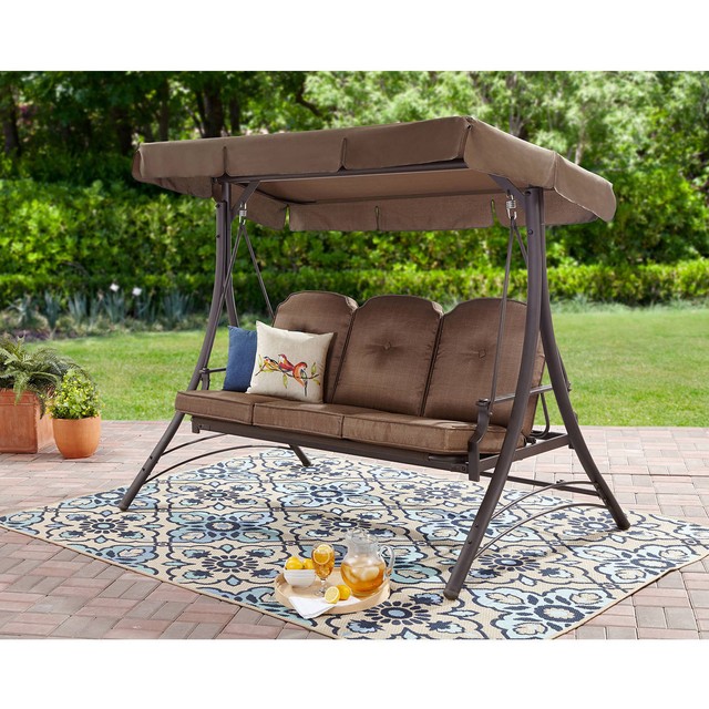 Patio Swing With Canopy 3 Person Padded Seats Outdoor Furniture Patio Swing With Canopy 3 Person Padded Seats Outdoor Furniture Backyard Brown