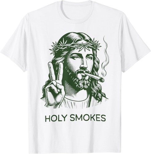 Retro Holy Smokes Jesus Marijuana Weed Cannabis Stoner 420 T-Shirt - Picture 1 of 10