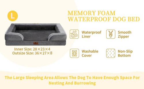 Dark Gray Dog Bed Orthopedic Memory Foam Waterproof Sofa Removable Bolster Cover - Picture 2 of 14