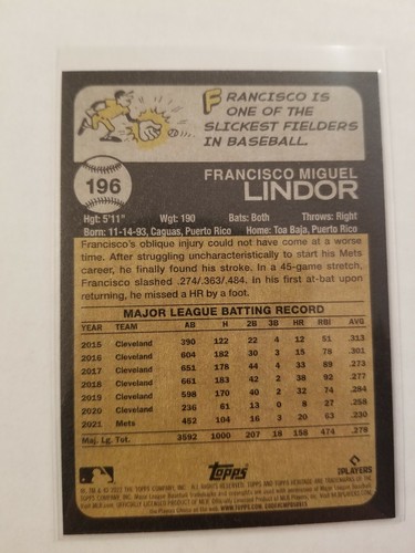 2022 Topps Heritage Francisco Lindor #196 Black Border Parallel (only 50 made) - Picture 2 of 2