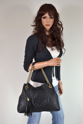 Gucci Soho Black Leather Tassel Double Chain Medium Shoulder Bag Handbag Purse - Picture 2 of 24