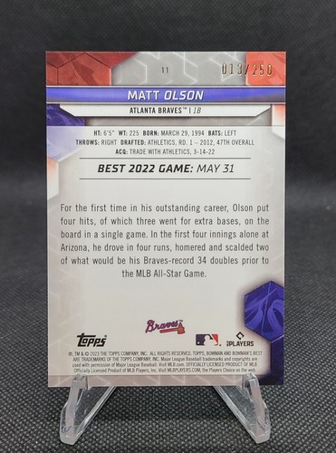 2023 Bowman's Best Matt Olson rifrattore viola 013/250 - Atlanta Braves #11 - Foto 2 di 3