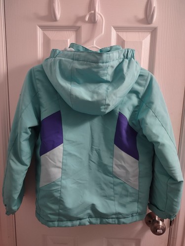 Girls Medium 7/8 Hooded Snow Coat Full Double Zip Blue Aqua Winter Ski Jacket - Picture 7 of 12