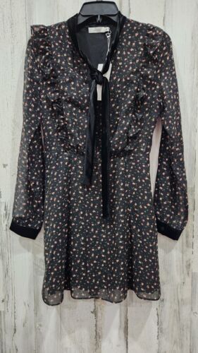 LUSH Black Floral Print Long Sleeve Ruffled Mini Dress Size SMALL**Cute**NWT**