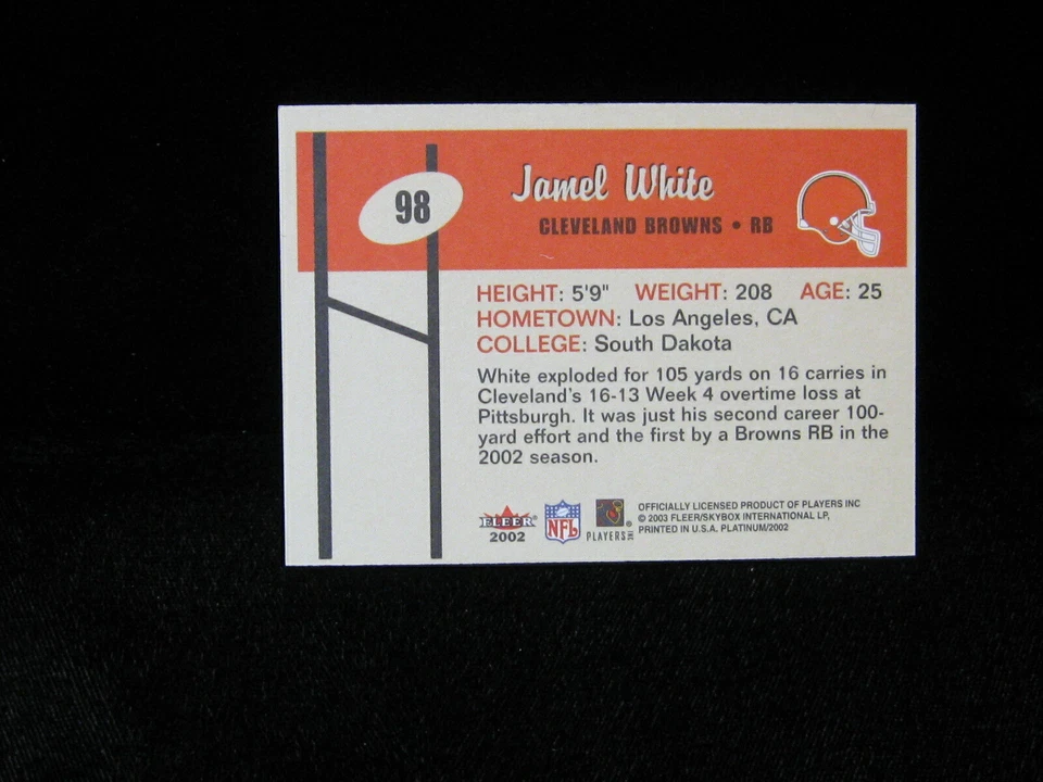 2002 Jamel White Cleveland Browns Platinum Fleer #98 - Image 2 of 2