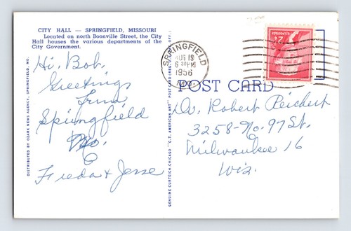 Postal Missouri Springfield MO Ayuntamiento 1956 publicada cromada - Imagen 2 de 2