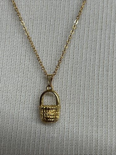 Vintage Style Woven Basket Charm Pendant Gold Tone Chain Necklace 23 In - Picture 2 of 5