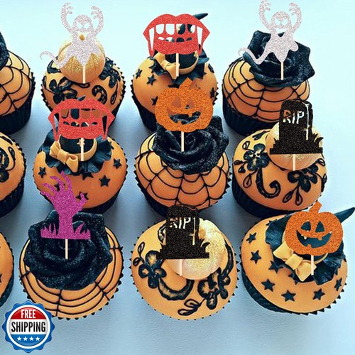 30 Pack Halloween Cupcake Toppers Glitter Tombstone Zombie Hand Vampire Ghost - Picture 5 of 5