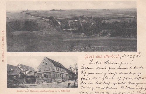AK Gruss aus Apolda-Utenbach, Gasthof und Materialwarenhandlung v. L Zeitschel
