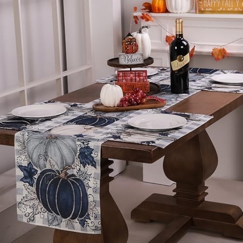Herbst Thanksgiving Tischsets 4er Set, Büffel kariert blau Vintage Kürbis Ahorn  - Bild 7 von 8