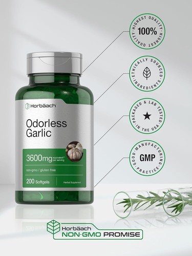 Horbäach Odorless Garlic Softgels 3600 mg | 200 Count | Ultra Potent Garlic...  - Picture 6 of 8