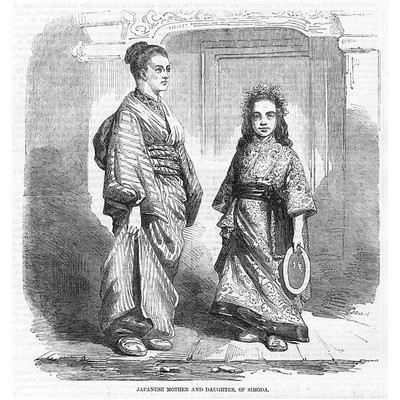 Japanische Mutter und Tochter von Shimoda - antiker Druck 1856
