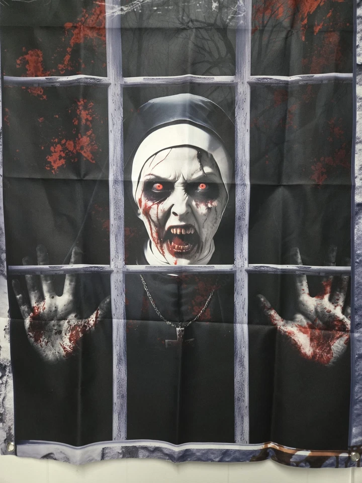 2 Curtain Decorations Halloween Window, Door, Wall Scary Male & Female Priest - Image 4 of 4