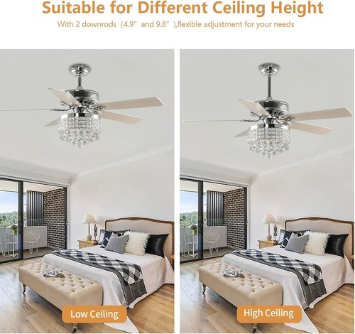 52Inch Crystal Ceiling Fan with Lights, 5 Wood Blades and 52 Inch, Chrome  - Picture 6 of 8