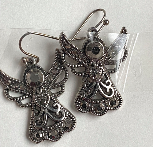 Pendientes colgantes de cristal de cuarzo ahumado ángel tono plata gancho de moda - Imagen 5 de 7