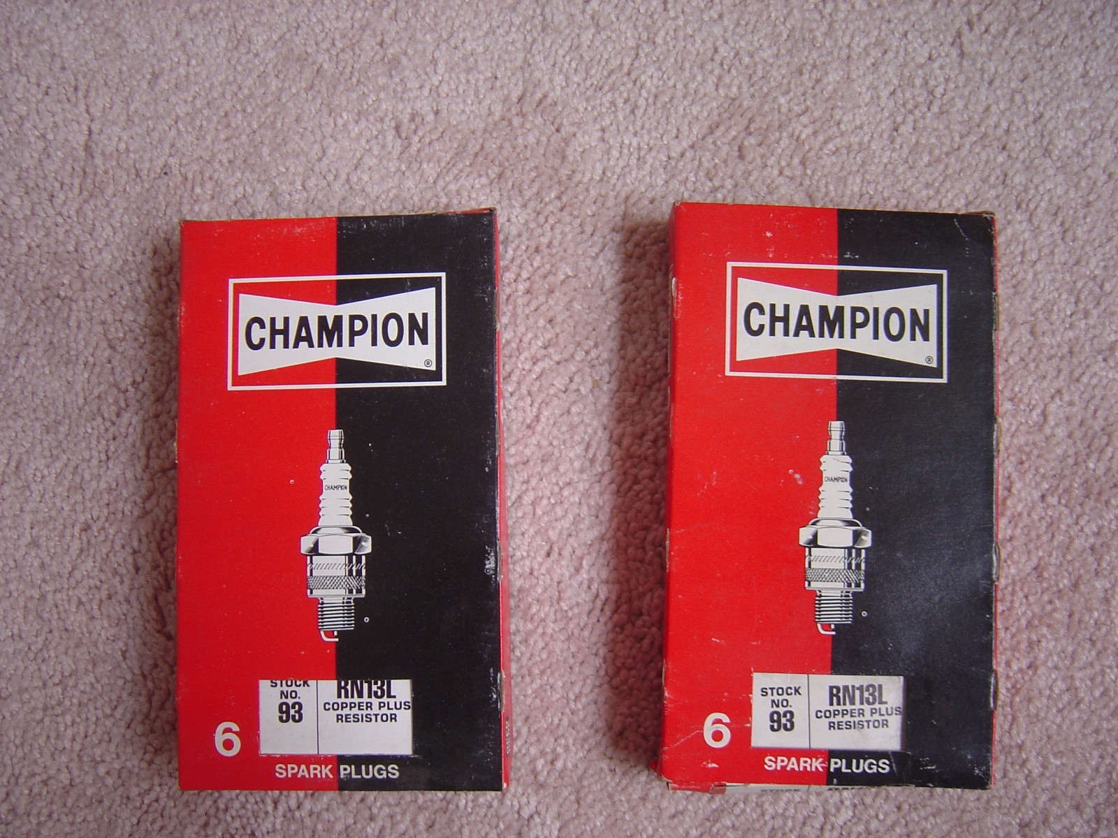 12 Champion SPARK PLUGS Copper Plus Resistor RN13L #93, NOS, 2 boxes of 6 each