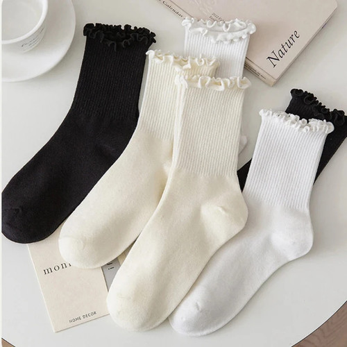 5 pares/lote calcetines para mujer volantes algodón tubo medio tobillo corto transpirable bla - Imagen 3 de 19
