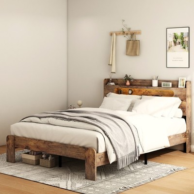 King Size Bed Frame Wood Platform with Storage LED Light Headboard Plug Outlet
