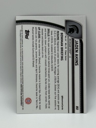 2024-25 Bowman Chrome U #80 Jaden Akins Purple Lava Refractor Spartans - Picture 2 of 2