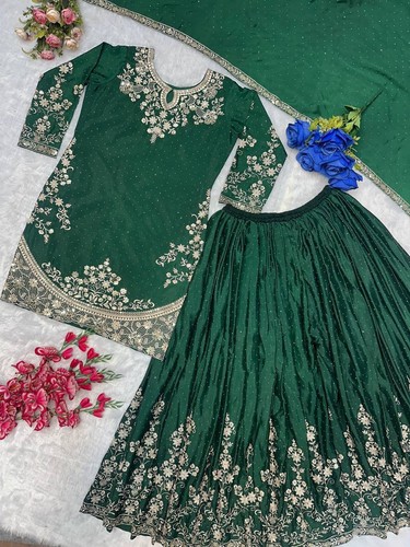 Neueste neue schwere Chinnon Seide Kurta und Palazzo mit stilvollem Dupatta für Frauen - Bild 10 von 13