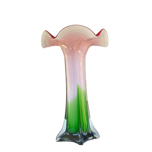 Murano Style Art Glass Vase Red White Green Ruffled Sommerso Mid Century 14.5” - Picture 2 of 5