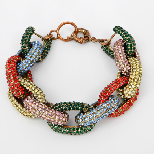 J Crew Rainbow Rhinestone Chain Link Bracelet Gold Tone 7" - Picture 3 of 11