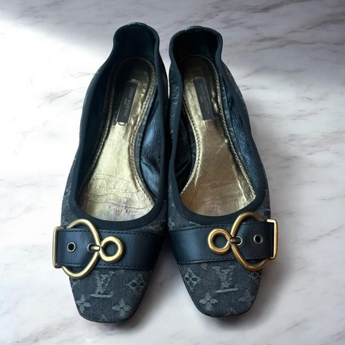 LOUIS VUITTON Monogram Denim Black Flat Pumps ballet shoes Size36.5/US6.5 NoBox - Picture 15 of 24