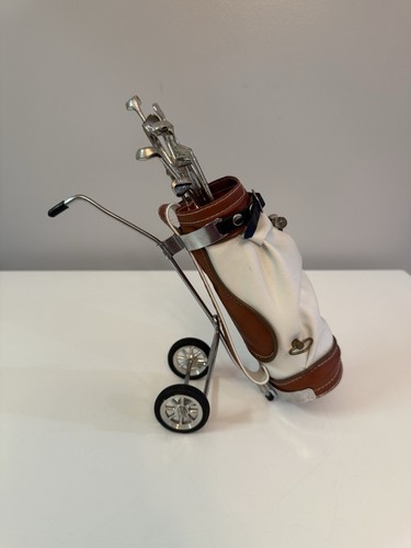 VTG Collectible Miniature Landex Leather Golf Bag W/Wheeled Stand Music Box EUC