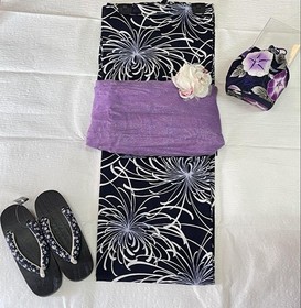 Yukata Kimono Cotton 100% Chrysanthemum Design Free Size 165cm /s 