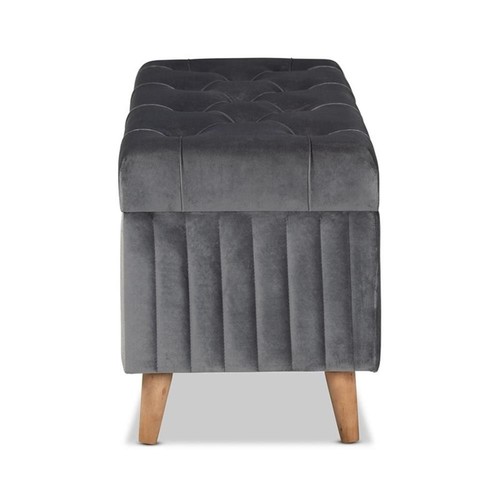 Baxton Studio Hanley Grey Velvet Fabric and Brown Finished Wood Storage Ottoman - Picture 6 of 11