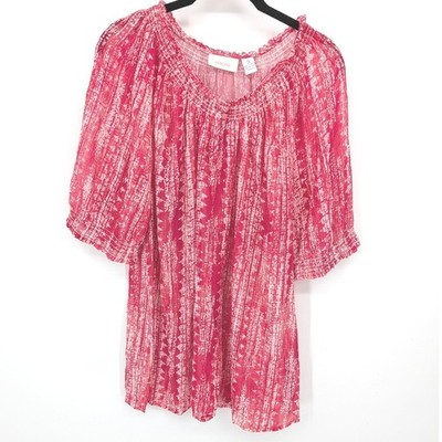 Chicos Sheer Blouse Womens XL Red White Abstract Smocked Short Sleeve Top Casual