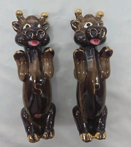 Salero y pimentero cuello largo vacas esmalte por goteo marrón antropomórfico Japón - Imagen 2 de 9