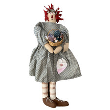 New Primitive Folk Art 20  Doll Raggedy Ann Style Country w/ Sewing Basket